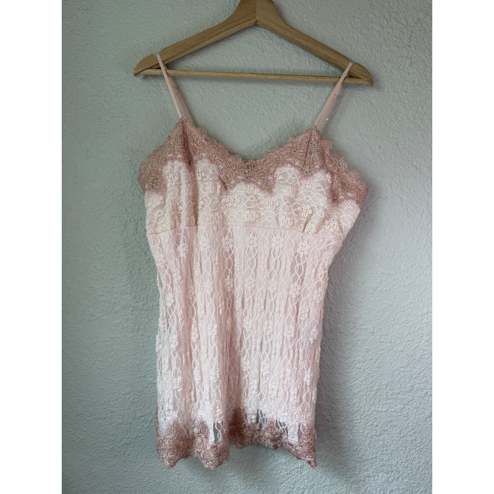 MKM Designs Pink Floral Lace Camisole Top Rose Gold Metallic Scalloped Trim L